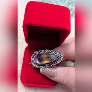 Vintage Artisan Genuine Rainbow 🌈 Fluorite Teardrop Ring In 925 Sterling Silver